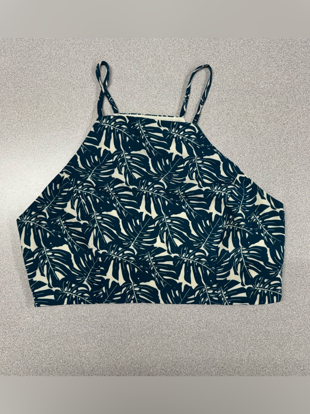 Forever 21 High-Neck Leaf Print Crop Top - Navy & Cream Zipper Close Size Small